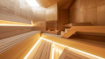 een sauna dat slim maakt gebruik van verticaal ruimte met meerdere niveaus voor zittend en aan het liegen naar beneden terwijl nog steeds maximaliseren verdieping ruimte. foto
