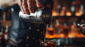 de barman voorzichtig schudt een cocktail shaker gevulde met premie bourbon bittertjes en een plons van esdoorn- siroop creëren een rijk en complex handtekening cocktail met een tintje van zoetheid foto
