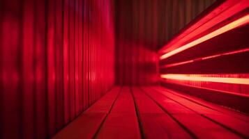 de gloeiend rood lichten in een sauna creëren een warm en geruststellend atmosfeer dat kan kalmeren de geest en verminderen spanning niveaus. foto