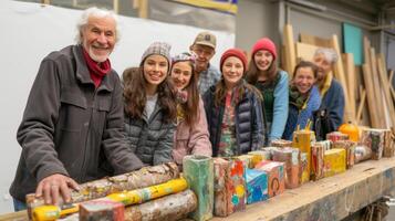 een groep van senioren trots Scherm hun upcycled creaties gemaakt gebruik makend van materialen dat zou hebben anders eindigde omhoog in een stortplaats foto