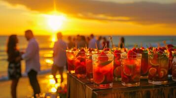 net zo de zon sets over- de oceaan de fruitig drinken proeverij evenement duurt Aan een magisch gloed foto