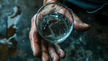 een detailopname van een versleten eeltig hand- Holding op een verkoudheid glas van water het verstrekken van Verlichting naar een brandweerlieden uitgedroogd keel na een heet sauna sessie. foto