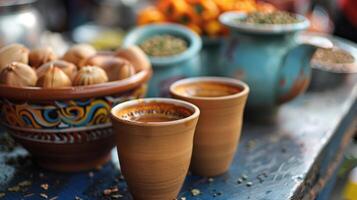 nemen een breken van boodschappen doen naar smaak een vers gebrouwen kop van lokaal chai thee doordrenkt met de markten eigen es foto