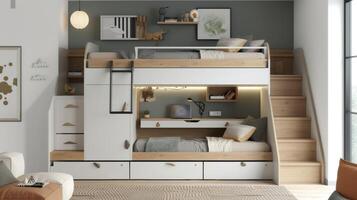 stapelbed bedden met ingebouwd opslagruimte laden en een neerklapbare bureau perfect voor een gedeeld slaapkamer of een compact huis kantoor foto