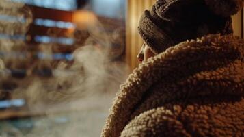 een persoon gebundeld omhoog in winter kleren stepping in de warmte van de sauna. foto