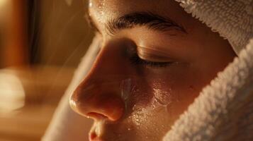 een persoon met een handdoek over- hun hoofd toelaten hun gezicht naar zweet en zuiveren in de sauna. foto