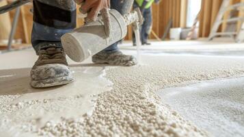 een schot van een aannemer gieten Zelfklevend op een beton ondervloer krijgen klaar naar installeren pluche nieuw vloerbedekking foto