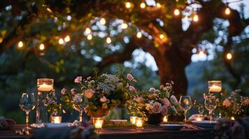 de buitenshuis instelling en kaarslicht atmosfeer creëren de perfect backdrop voor een romantisch avond van bloemen arrangement en creativiteit. 2d vlak tekenfilm foto