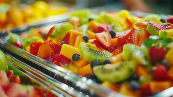 de camera zoomt in in Aan een dienblad van kleurrijk en exotisch fruit en groenten klaar naar worden opgenomen in de De volgende schotel foto