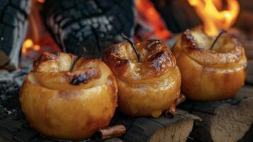 genieten in de gemakkelijk van haardvuur gebakken appels. deze inschrijving en sappig appels zijn nauwgezet gekookt over- een Open brand tot ze zijn smelt in je mond verrukkelijk. de arom foto