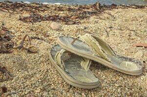 de omdraaien flops verlaten Aan de strand. foto