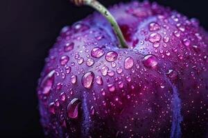 dichtbij omhoog van een glinsterend Pruim met druppels van water, levendig Purper tegen een donker achtergrond foto