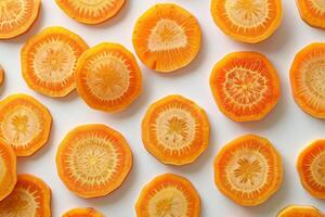abstract patroon van overlappende wortel plakjes, levendig sinaasappels en geel Aan een licht achtergrond foto