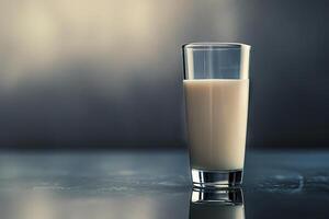 elegant glas van melk Aan een reflecterende oppervlakte met een zwart naar grijs helling achtergrond, geavanceerde kijken foto