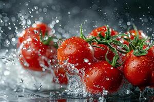 vers tomaten spatten in water, dynamisch actie schot met water druppels en helder rood foto
