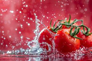 vers tomaten spatten in water, dynamisch actie schot met water druppels en helder rood foto