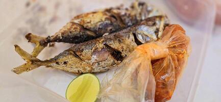 gebakken makreel geserveerd met scheiden Chili saus en limoen, of gebeld ikan kembung goreng. ikan banaar goreng met rica sambal foto