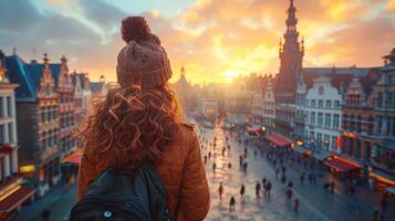 jong vrouw toerist bewonderend zonsondergang over- Europese markt plein foto