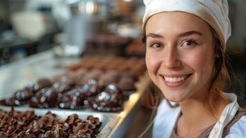 glimlachen jong vrouw chef met handgemaakt chocolaatjes in keuken foto