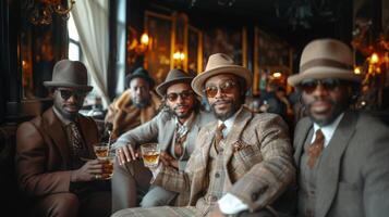 elegant retro mannen roosteren drankjes in luxueus bar instelling foto