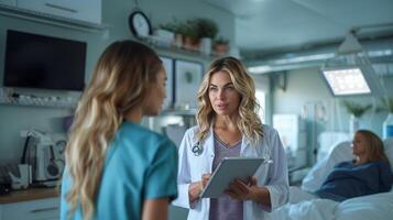 professioneel vrouw dokter overleg plegen met een verpleegster in een modern ziekenhuis kamer met geduldig foto