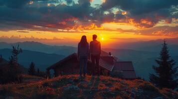 paar geniet majestueus zonsondergang visie van berg chalet foto