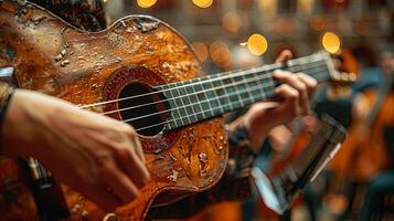 detailopname van musicus spelen gitaar gedurende leven concert foto