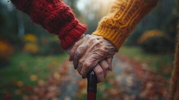 ouderen vrouw Holding riet met jong hand- assisteren in herfst park foto