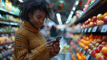 jong Afrikaanse Amerikaans vrouw boodschappen doen met kruidenier kar foto