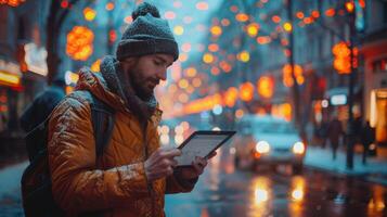 Mens Holding tablet in besneeuwd stad met levendig achtergrond lichten foto
