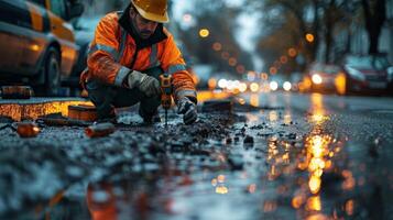 bouw arbeider in reflecterende hesje boren weg Bij schemering, stedelijk straat onderhoud foto