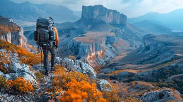 solo reizen fotograaf vastleggen majestueus berg landschap foto