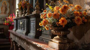 elegant bloem arrangement in een oud kerk instelling foto