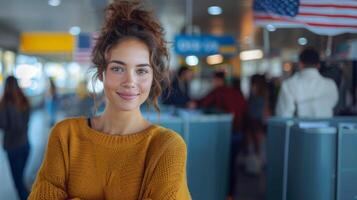 gelukkig jong vrouw Bij Amerikaans peiling station foto