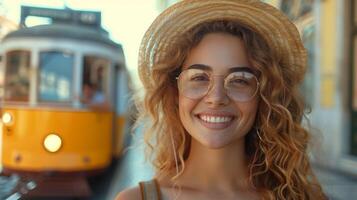 blij jong vrouw toerist in de buurt wijnoogst tram Aan zonnig dag foto