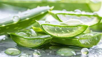 dichtbij omhoog van vers aloë vera bladeren met druppels levendig groen bladeren glinsterend met vochtigheid foto