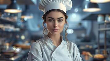 mooi vrouw chef in uniform in een restaurant keuken. neurale netwerk foto