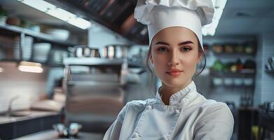 mooi vrouw chef in uniform in een restaurant keuken. neurale netwerk foto