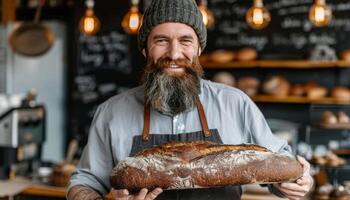 blij gebaard bakker in schort trots presenteren vers gebakken ambachtelijk brood voor Scherm foto