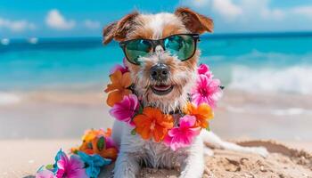 aanbiddelijk hond met koel zonnebril surfing stijlvol Aan een pret zomer vakantie Bij de zee foto