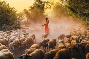 een lokaal vrouw en een groot schapen kudde terugkeren naar de schuur in de zonsondergang, na een dag van voeden in de bergen in ninh donderdag provincie, Vietnam. foto