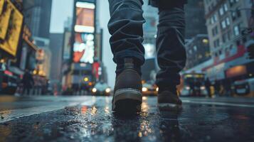 een man's voeten in schoenen wandelen langs een bezig straat in een groot stad. neurale netwerk foto