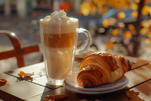 croissant Aan een wit bord en een glas van koffie foto