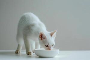 katje kat zittend in de buurt de kom van huisdier voedsel. foto