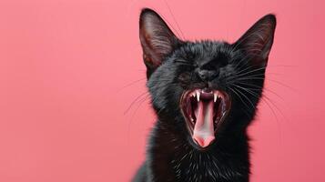 oosters, boos kat baren haar tanden, studio verlichting pastel achtergrond foto