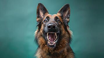 belgisch Tervuren, boos hond baren haar tanden, studio verlichting pastel achtergrond foto