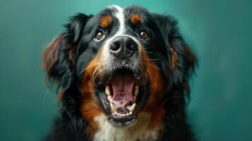 bernese berg hond, boos hond baren haar tanden, studio verlichting pastel achtergrond foto