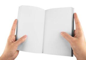 boek in hand- Aan wit achtergrond foto