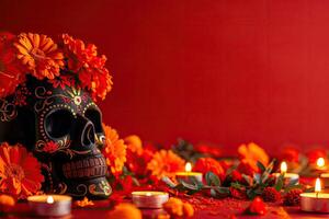schedel met bloemen en kaarsen Aan een tafel. foto