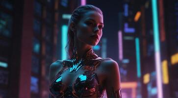 een vrouw in een futuristische stad met neon lichten foto